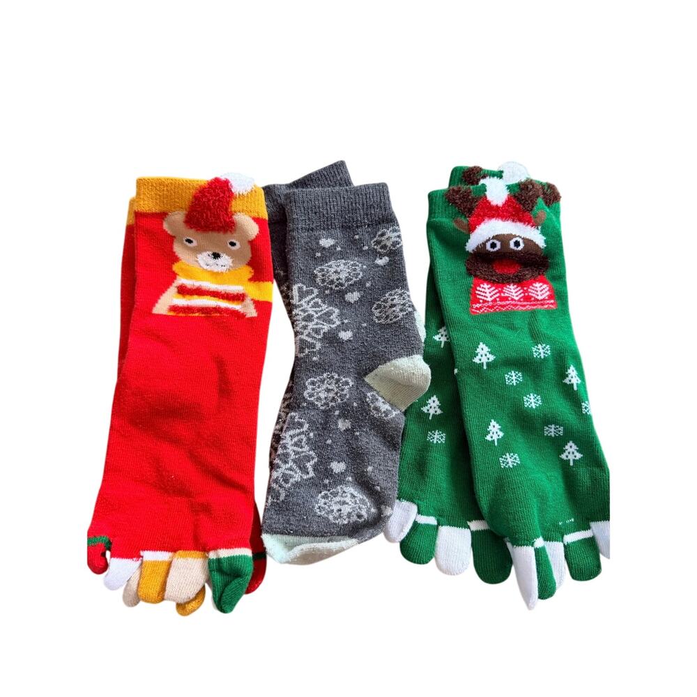 Cozy Christmas Toe Socks & Snowflake Pair - Youth US Size 13-3 Festive Bundle